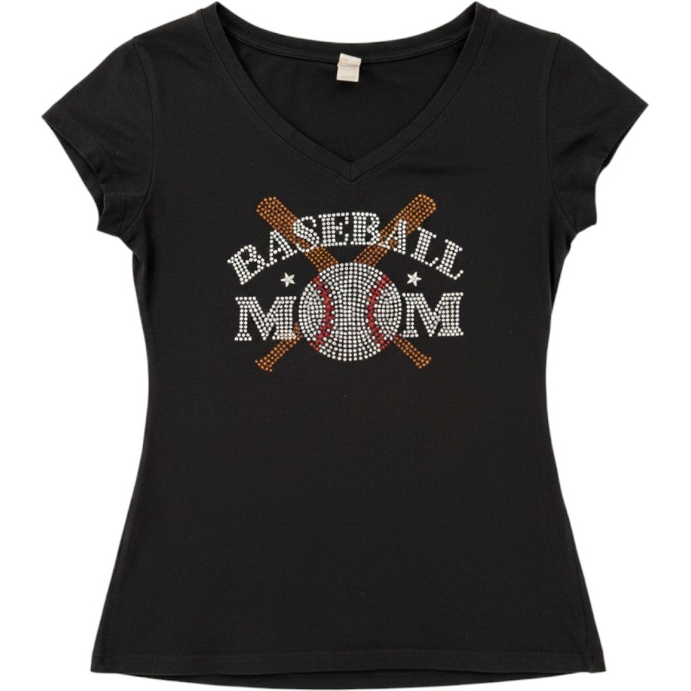 Love V-Neck T-Shirt Womens L Black Baseball Mom Rhinestone Graphic Tee